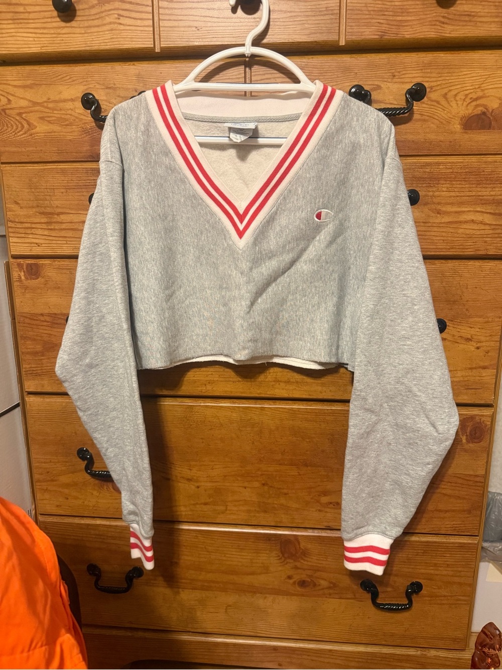 Champion Light Gray Cropped V-Neck Sweatshirt with Red Trim